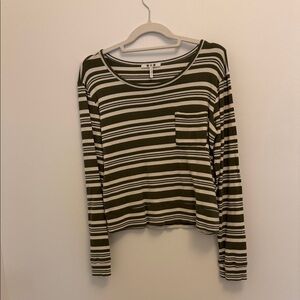 Three Dots Olive & Ivory Stripe Cotton Modal Long Sleeve Top – Medium